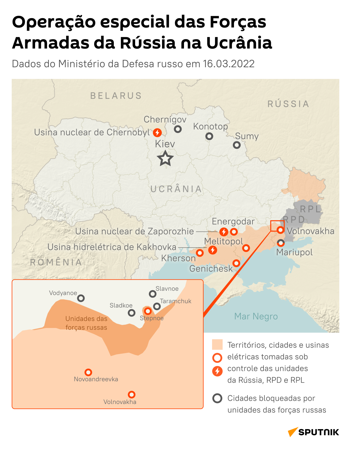 Mapa mostrando resultados correntes da operação das Forças Armadas russas na Ucrânia - Sputnik Brasil
