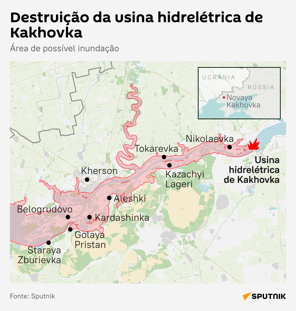 Mapa da inundação após destruição na usina hidrelétrica de Kakhovka - Sputnik Brasil