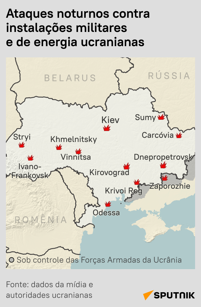 Ucrânia sofre ataques noturnos: confira o mapa das cidades atingidas - Sputnik Brasil