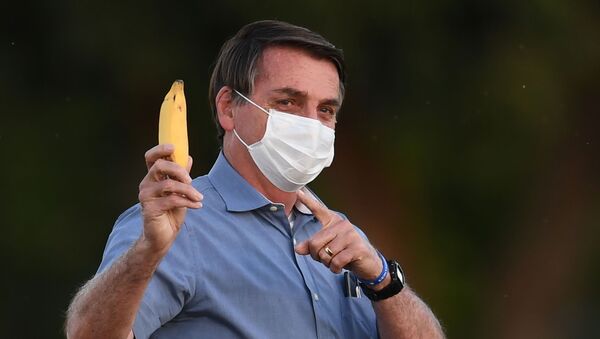 Presidente Jair Bolsonaro mostra banana para jornalistas enquanto vai ao encontro de apoiadores na parte de fora do Palácio da Alvorada - Sputnik Brasil