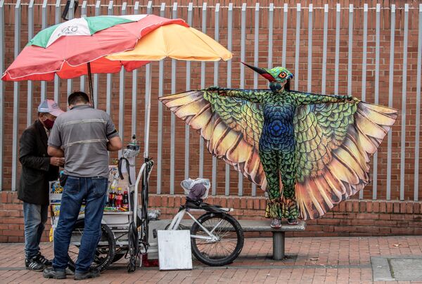 Pessoa se veste de colibri em Bogotá, Colômbia, para incentivar população local a respeitar as medidas contra a pandemia da COVID-19 - Sputnik Brasil