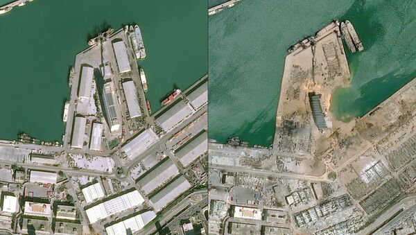 Imagens de satélite da Airbus DS comparam o porto de Beirute em 25 de janeiro e em 5 de agosto após a explosão que danificou boa parte da capital libanesa. - Sputnik Brasil