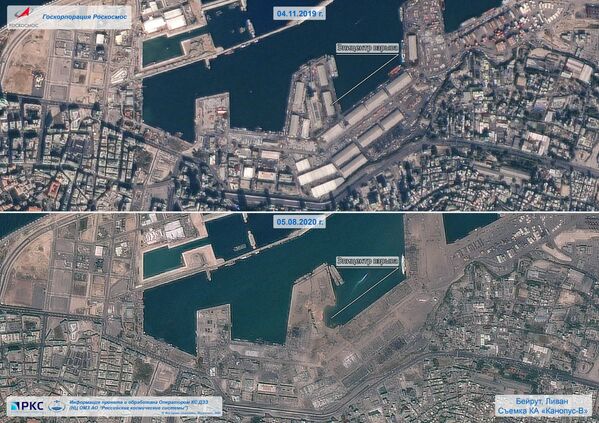 Combinação de imagens do porto de Beirute publicada pela agência espacial russa Roscosmos após a explosão massiva na cidade - Sputnik Brasil