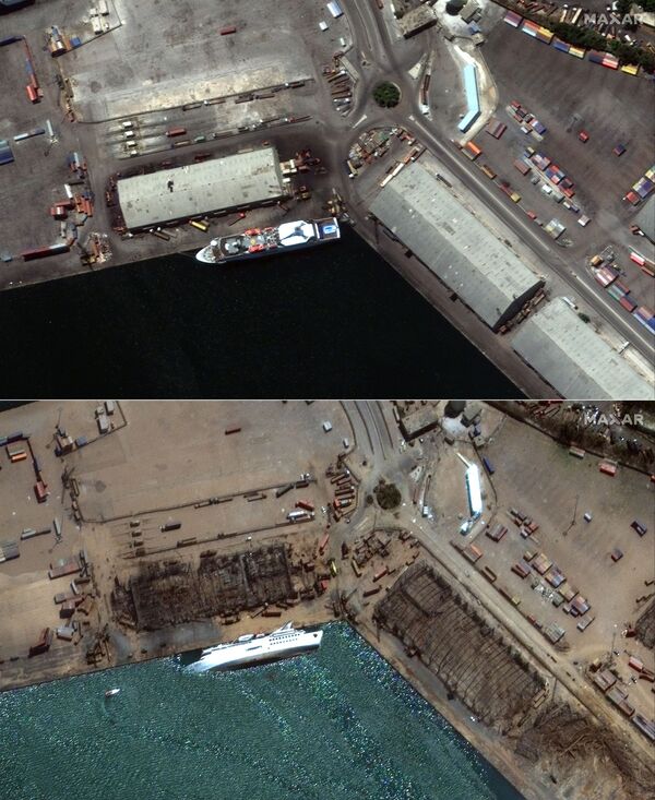 Combinação de imagens de satélite da Maxar Technologies mostra navio de cruzeiro Orient Queen derrubado pelo efeito da explosão de 4 de agosto em Beirute - Sputnik Brasil