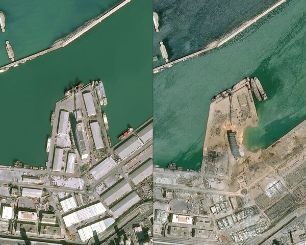 Imagens de satélite da Airbus DS comparam o porto de Beirute em 25 de janeiro e em 5 de agosto após a explosão que danificou boa parte da capital libanesa - Sputnik Brasil