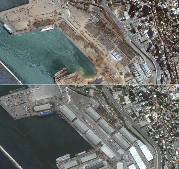 Comparação do porto de Beirute entre 2 de junho e 5 de agosto deste ano, um dia após a explosão que atingiu a capital libanesa - Sputnik Brasil