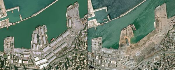 Duas imagens, uma de 25 de janeiro e outra de 5 de agosto, de satélite da Airbus DS evidenciam o alcance da explosão de 4 de agosto na capital libanesa - Sputnik Brasil