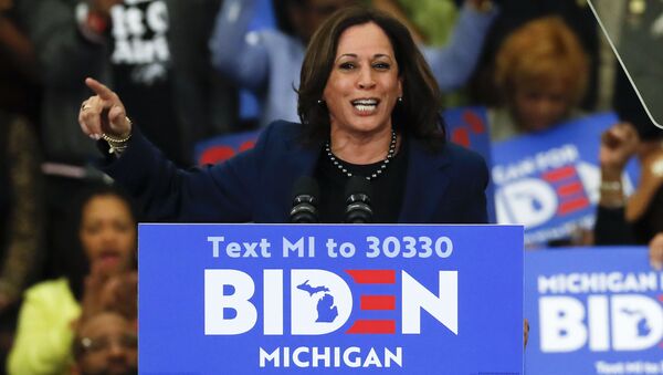 Em Detroit, nos EUA, a senadora Kamala Harris durante comício da campanha presidencial do candidato democrata Joe Biden, em de março de 2020. - Sputnik Brasil