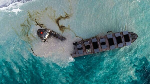 Vista aérea do petroleiro MV Wakashio encalhado e partido em dois nas Ilhas Maurício
 - Sputnik Brasil