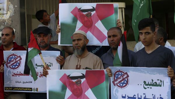 Apoiadores do Hamas protestam na faixa de Gaza contra o príncipe Mohamed bin Zayed al-Nahyan, dos Emirados Árabes - Sputnik Brasil