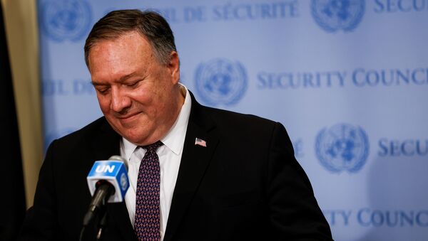 Secretário de Estado dos EUA, Mike Pompeo durante briefing à imprensa, na sede da Organização das Nações Unidas, em Nova York, 20 de agosto de 2020 - Sputnik Brasil