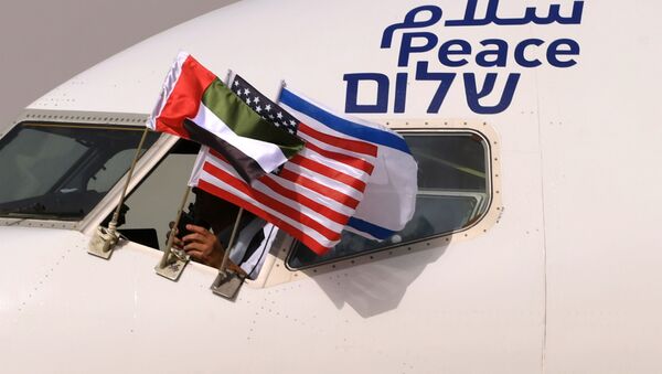 Bandeiras dos Emirados Árabes Unidos, EUA e Israel hasteadas em avião que realizou primeiro voo comercial entre os países, no aeroporto Ben Gurion, Tel Aviv, 31 de agosto de 2020 - Sputnik Brasil