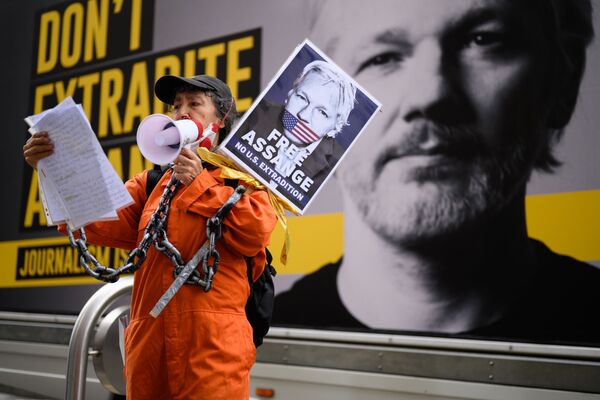 Apoiadora de Julian Assange durante manifestação contra sua extradição, em Londres
 - Sputnik Brasil