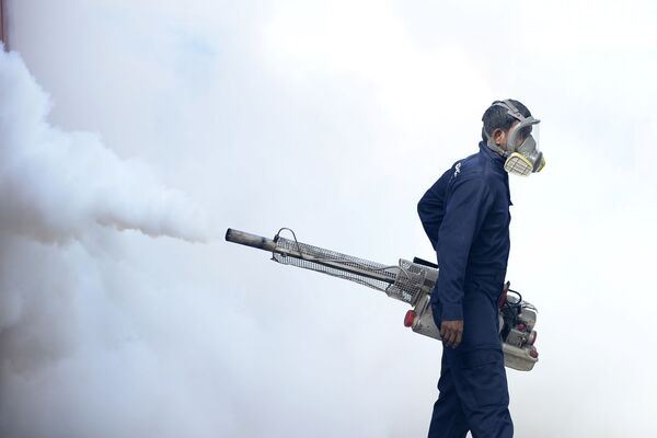 Um trabalhador municipal faz fumigação para matar mosquitos em território de escola em Colombo, no Sri Lanka
 - Sputnik Brasil