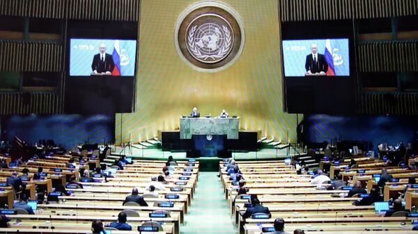 Auditório da Assembleia Geral da ONU durante transmissão do discurso do presidente da Rússia, Vladimir Putin, 22 de setembro de 2020  - Sputnik Brasil