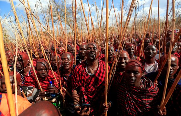 Homens da tribo Maasai durante o ritual de iniciação aos guerreiros juniores em Kajiado, Quênia
 - Sputnik Brasil