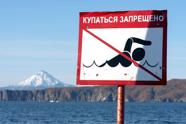 Placa sinaliza que praia de Kamchatka, no Extremo Oriente russo, não pode ser usada para nadar - Sputnik Brasil