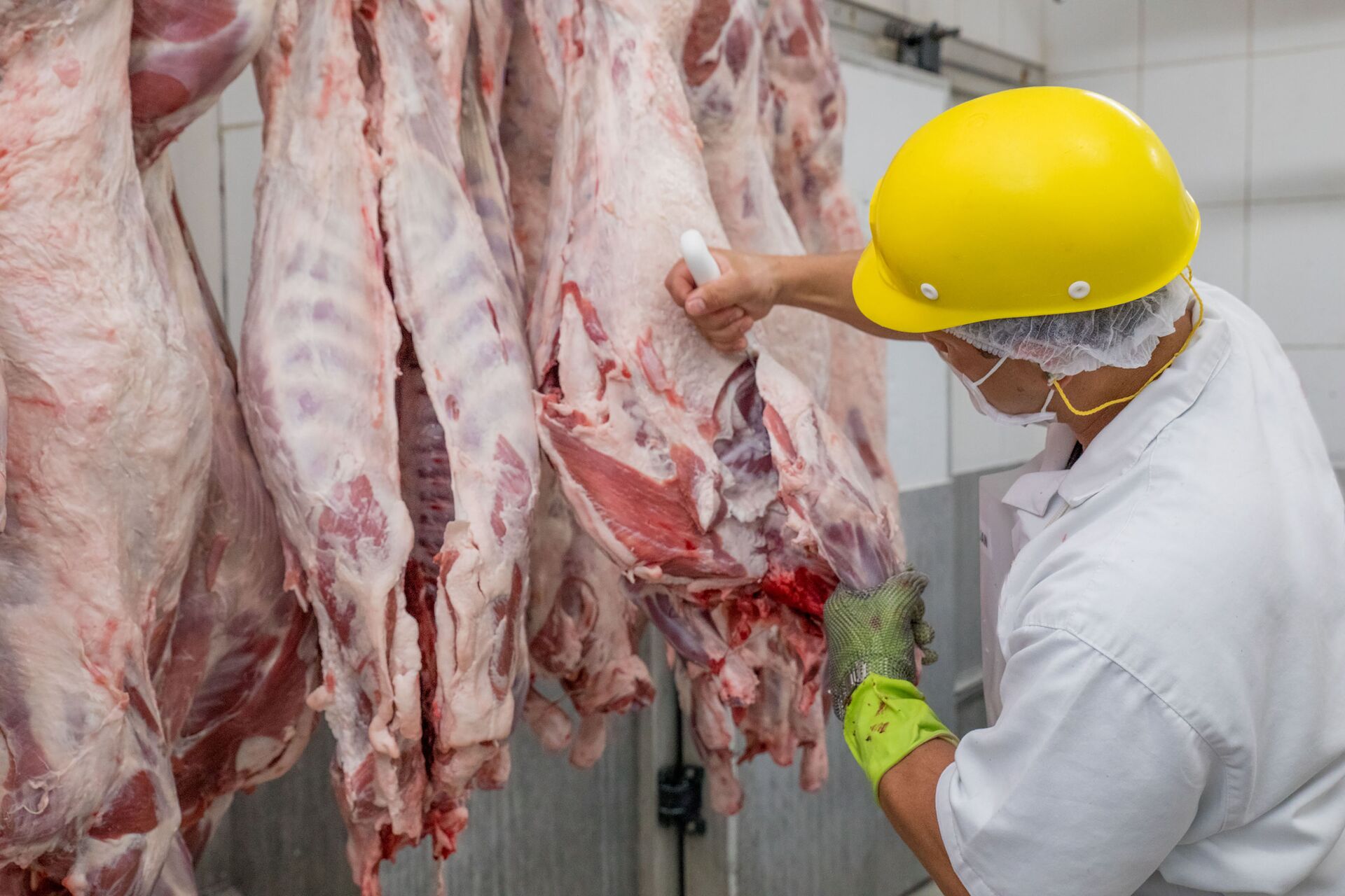 Funcionários trabalham no corte e processamento de carnes em frigorífico na cidade de Pirassununga - Sputnik Brasil, 1920, 09.11.2021