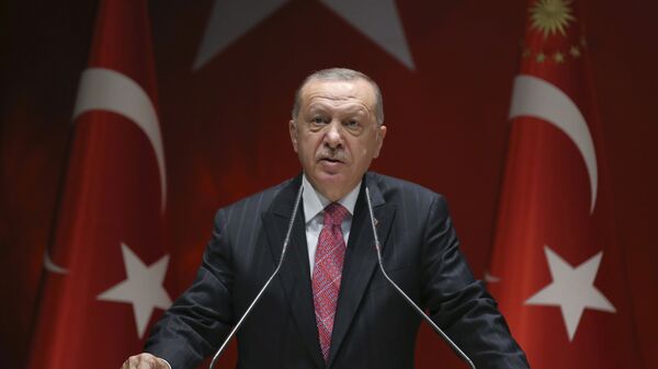 O presidente da Turquia, Recep Tayyip Erdogan, fala aos membros de seu partido, em Ancara, Turquia, em 13 de agosto de 2020 - Sputnik Brasil