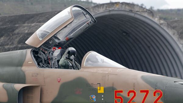 Piloto da Força Aérea taiwanesa acena do caça F-5E Tiger II fabricado nos EUA - Sputnik Brasil