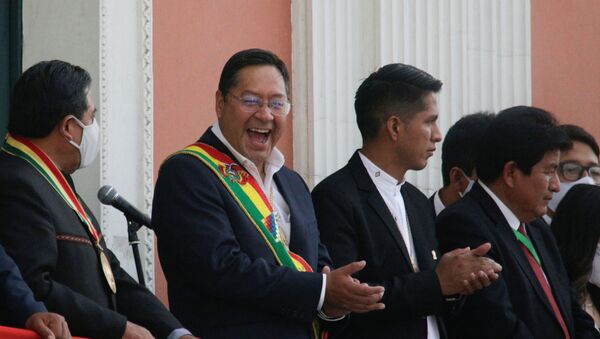Presidente boliviano Luis Arce e seu vice David Choquehuanca na varanda do Palácio Presidencial de La Paz, Bolívia - Sputnik Brasil