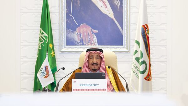 Rei da Arábia Saudita, Salman bin Abdulaziz Al Saud, discursa durante encontro de líderes do G20, realizado por videoconferência a partir de Riad, Arábia Saudita, 21 de novembro de 2020 - Sputnik Brasil