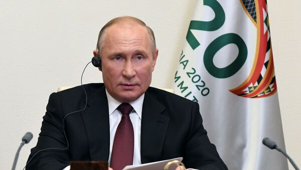 Presidente da Rússia, Vladimir Putin, discursa na conferência de líderes do G20, realizada por videoconferência sob presidência da Arábia Saudita, 21 de novembro de 2020 - Sputnik Brasil