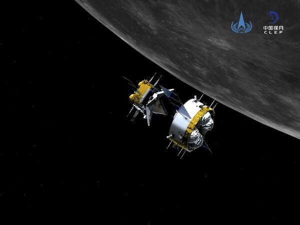 Simulação gráfica fornecida que mostra a combinação do orbitador-retornador da sonda Chang'e-5, da China. A sonda transferiu rochas da Lua para o orbitador em preparação para o retorno com as amostras para  a Terra. - Sputnik Brasil