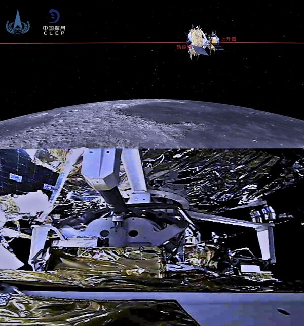Combinação de duas imagens: uma ilustração (em cima) e uma foto (em baixo) do ascendente da sonda lunar Chang'e-5 da China completando o encontro e acoplamento com a combinação orbitador-retornador - Sputnik Brasil