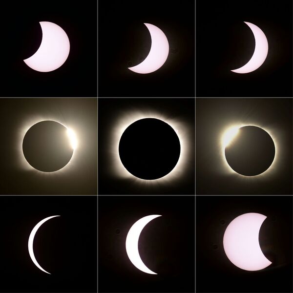 Colagem de fotos tiradas no dia 14 de dezembro 2020 mostra diferentes fases do eclipse solar total em Piedra del Áquila, Argentina - Sputnik Brasil