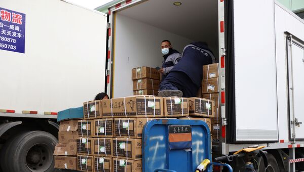 Trabalhadores transportam produtos de carne congelada em um caminhão durante a pandemia do novo coronavírus em Pequim, China, 26 de novembro de 2020 - Sputnik Brasil