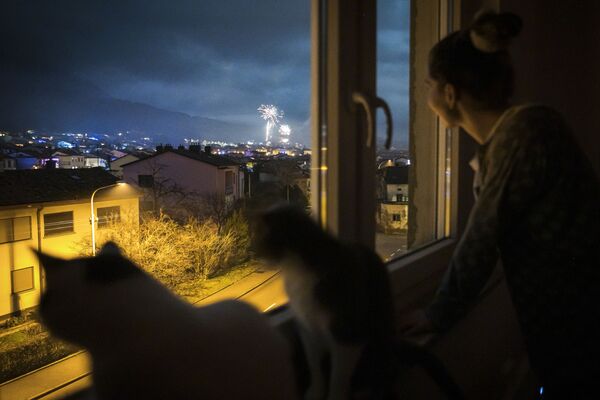 Mulher e seus gatos acompanham os fogos de artifício durante o Réveillon através da janela de casa, em Ajdovscina, Eslovênia - Sputnik Brasil
