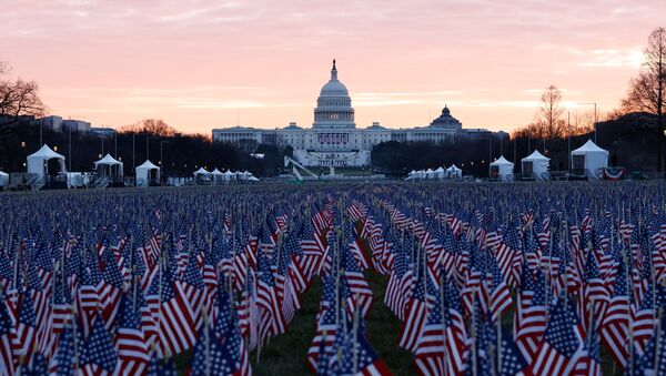 Milhares de bandeiras dos EUA são colocadas no National Mall em homenagem às vítimas de COVID-19 no país - Sputnik Brasil
