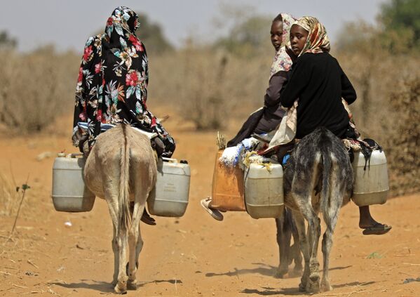 Mulheres sudanesas transportam água em burro no povoado de al-Taweel Saadun, Sudão, 2 de fevereiro de 2021 - Sputnik Brasil