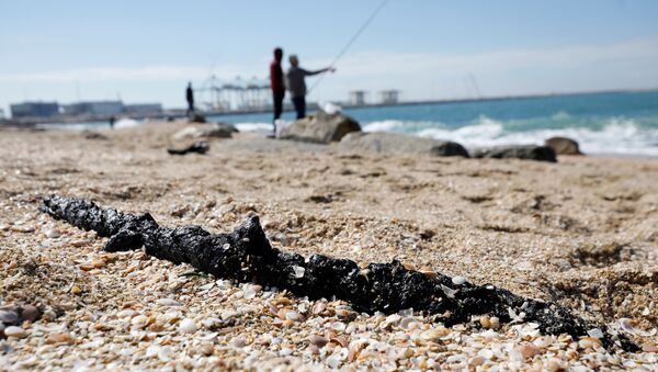 Um pedaço de alcatrão é visto na areia de praia em Ashdod, no sul de Israel, depois que um derramamento de óleo no mar contaminou grande parte da costa mediterrânea do país com alcatrão. - Sputnik Brasil