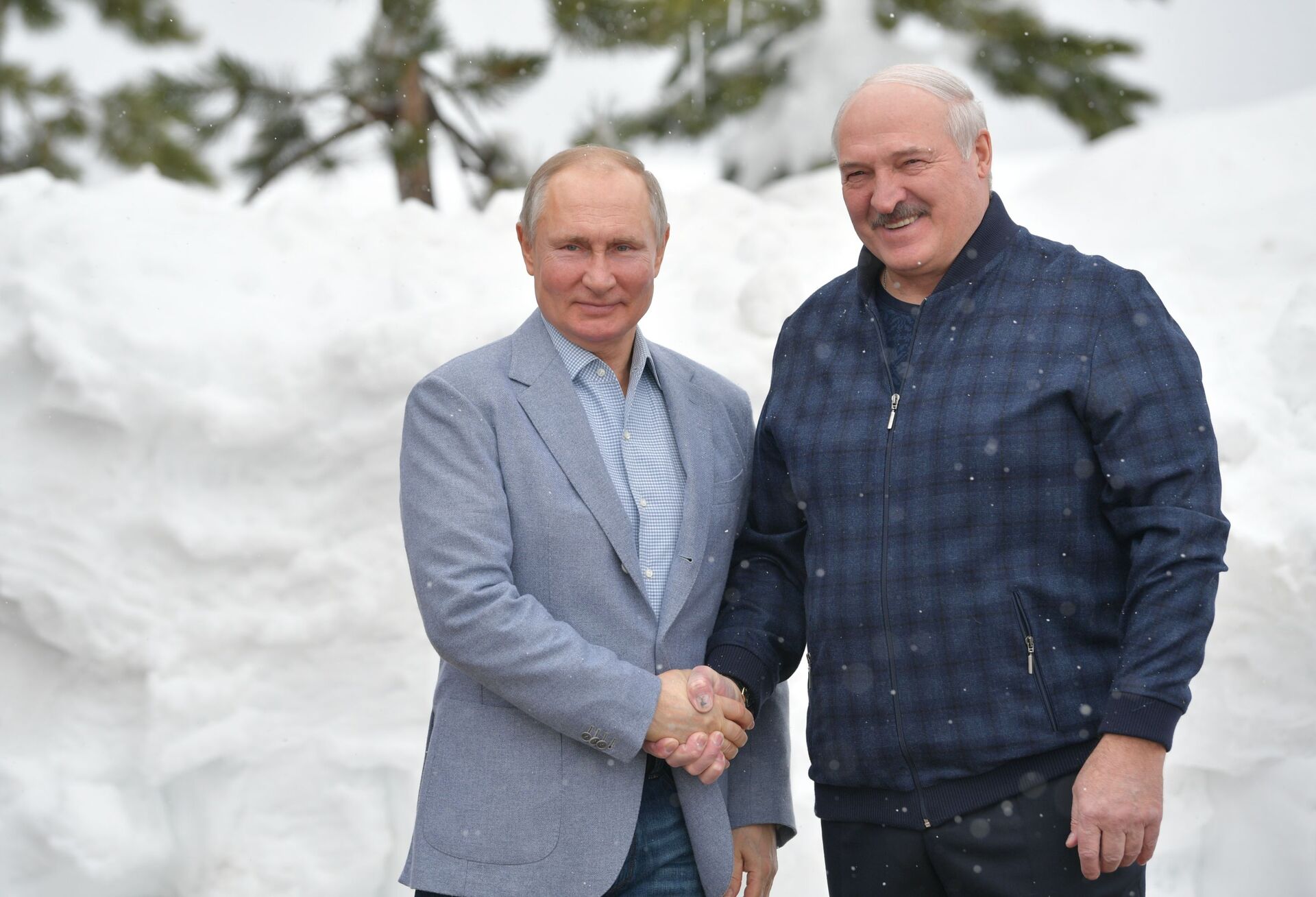 Presidente russo Vladimir Putin cumprimenta seu homólogo bielorrusso Aleksandr Lukashenko durante encontro em Sochi, Rússia - Sputnik Brasil, 1920, 09.11.2021