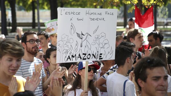 Manifestantes protestam na frente da Embaixada do Brasil em Paris, na França, em 23 de agosto de 2019 (foto de arquivo) - Sputnik Brasil