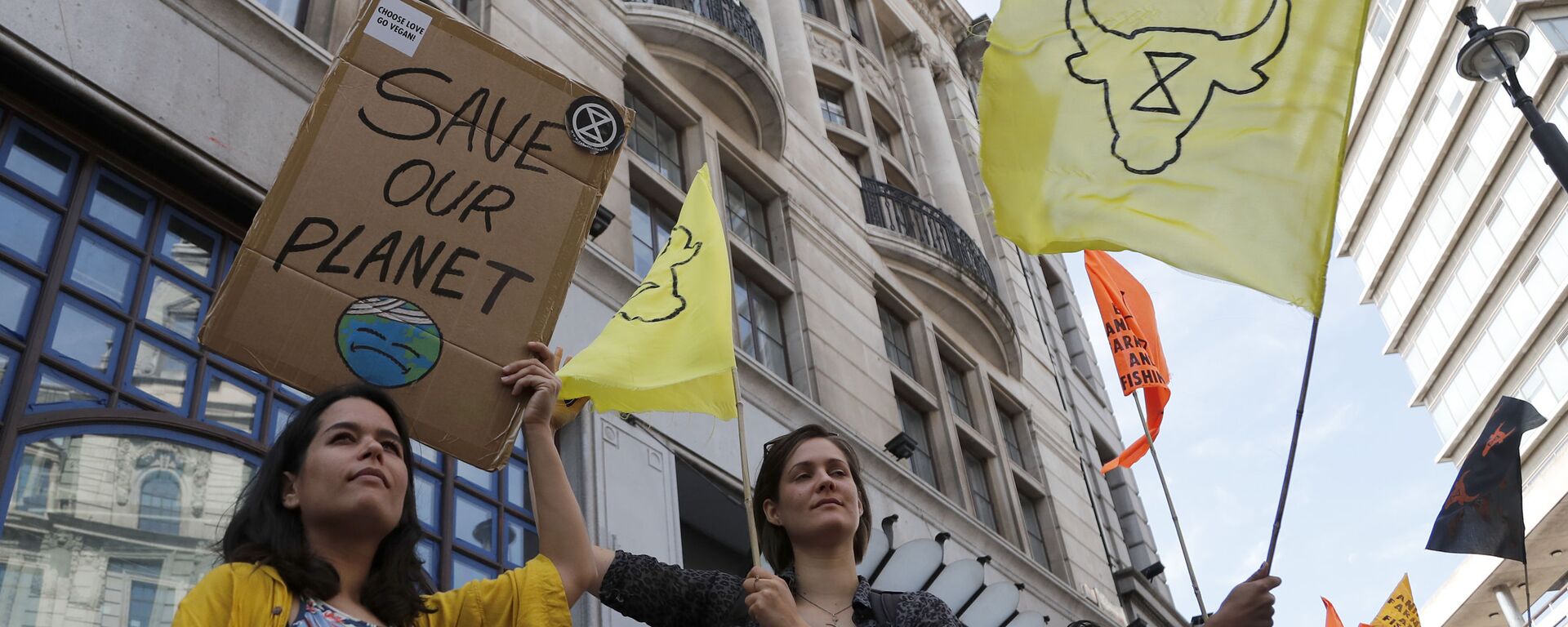 Manifestantes protestam contra o desmatamento da Amazônia na frente da Embaixada do Brasil em Londres, Inglaterra, 23 de agosto de 2019 (foto de arquivo) - Sputnik Brasil, 1920, 09.06.2022