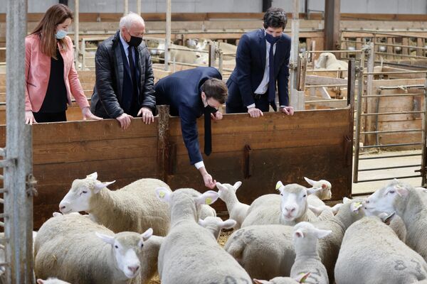 Presidente da França, Emmanuel Macron, durante sua visita à granja La Ferme d'Etaules - Sputnik Brasil