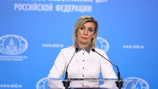 Maria Zakharova, representante oficial do Ministério das Relações Exteriores da Rússia, participa de briefing em Moscou, Rússia, 11 de fevereiro de 2021 - Sputnik Brasil