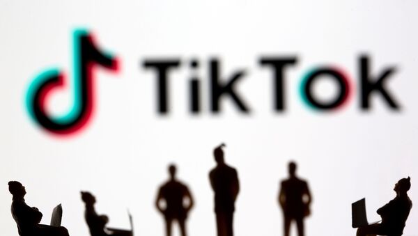 Pequenos bonecos de brinquedo são vistos na frente do logotipo da rede social TikTok - Sputnik Brasil