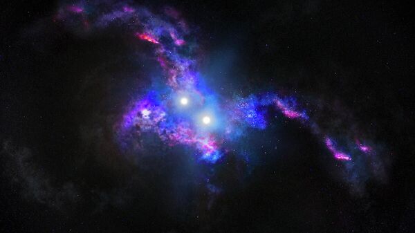 Representação artística de dois quasares no centro de galáxias em fusão - Sputnik Brasil