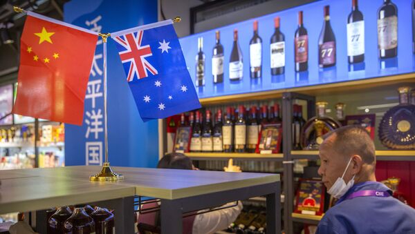 Visitante observa exibição de vinhos australianos na China, na feira International Import Expo em Xangai, China, 5 de novembro de 2020 - Sputnik Brasil