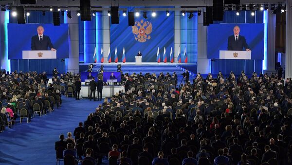 Participantes do discurso anual do presidente da Rússia, Vladimir Putin, perante a Assembleia Federal, 21 de abril de 2021 - Sputnik Brasil