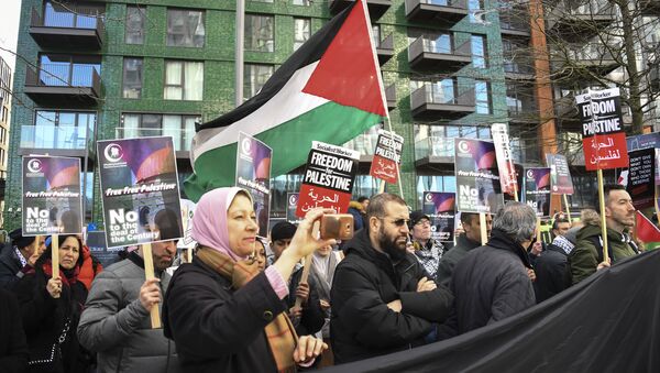Apoiadores da Palestina se reúnem em frente à embaixada dos EUA, em protesto contra o acordo de paz proposto pelo presidente Donald Trump para o Oriente Médio, em 1º de fevereiro de 2020 - Sputnik Brasil