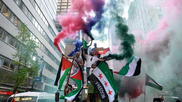 Manifestantes seguram bandeiras palestinas e sírias em apoio à Palestina no conflito com Israel, Nova York, EUA - Sputnik Brasil