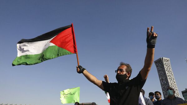 Manifestante segura bandeira palestina enquanto faz sinal da vitória em Teerã, Irã - Sputnik Brasil