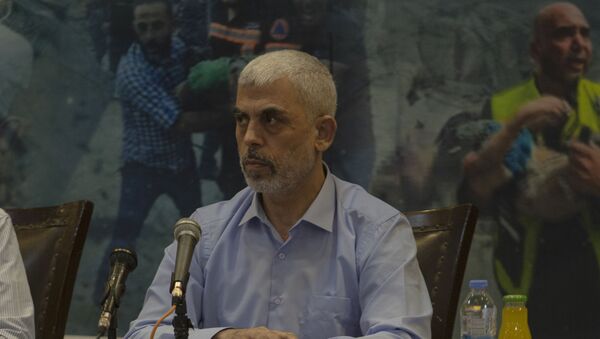 Yahya Sinwar, líder do movimento palestino Hamas na Faixa de Gaza, durante entrevista coletiva em Gaza, na quarta-feira, 26 de maio de 2021 - Sputnik Brasil