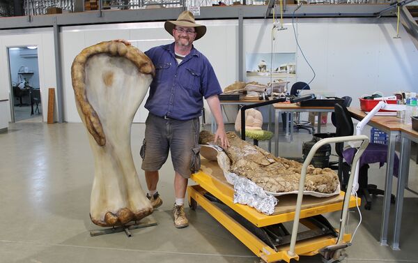 Dr. Scott Hocknull posa com uma reconstrução 3D e o úmero do dinossauro descoberto em Queensland, Austrália - Sputnik Brasil
