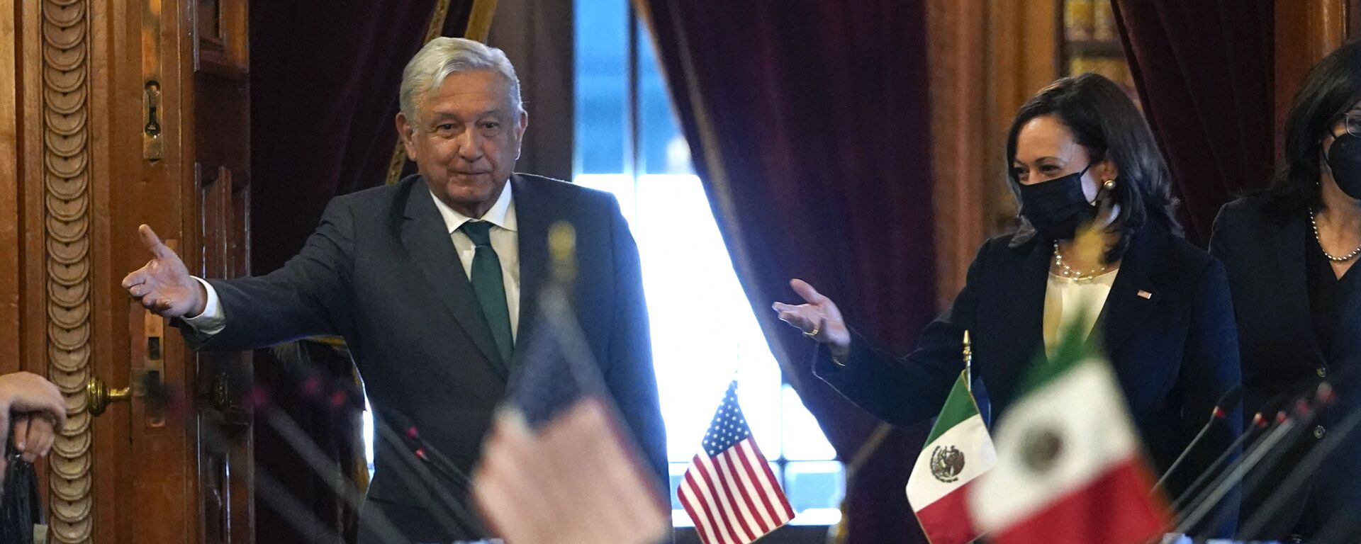 Vice-presidente dos EUA, Kamala Harris, e o presidente do México, Andrés Manuel López Obrador, chegando para uma reunião bilateral no Palácio Nacional, na Cidade do México, 8 de junho de 2021. - Sputnik Brasil, 1920, 04.05.2022
